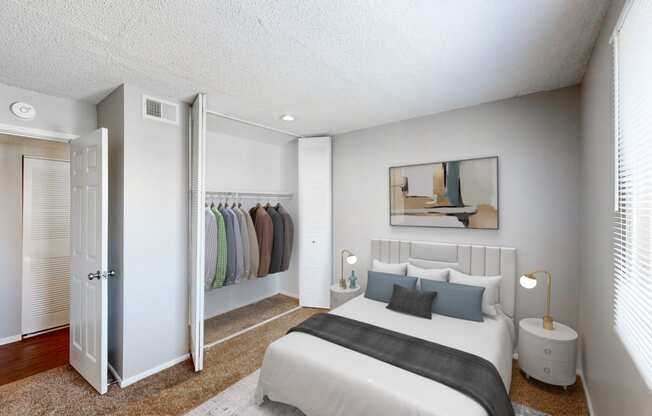a bedroom with a bed and a closet