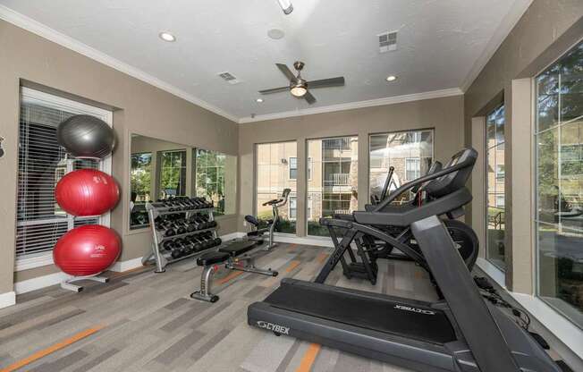 Well-equipped home gym at Woodbridge Villas Apartments, Sachse, Texas