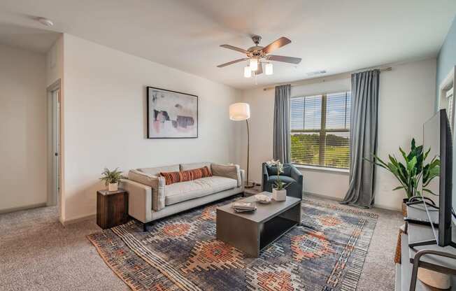 Carpeted Living Room With Tall Ceilings & Large Windows