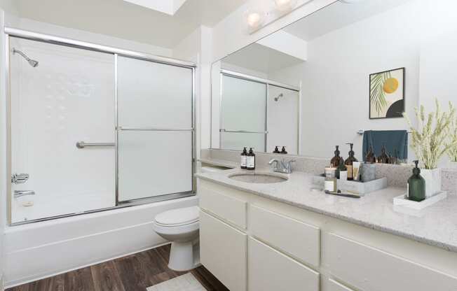 a bathroom with a shower and a sink and a toilet