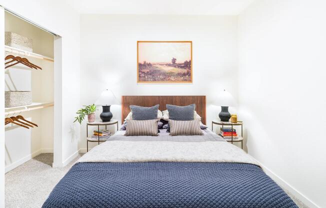 A calming bedroom at Modera University Park, paired with a spacious closet and soft finishes designed for everyday comfort.