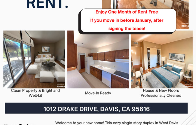 Get One Month Free! If you move in before January, enjoy this charming 3-bedroom, 1.5-bath duplex in West Davis.