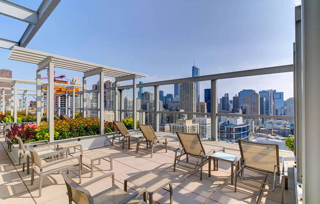 Sun Chairs at Eight O Five Apartments  in River North Chicago, IL Sundeck and Garden Trellis with City Skyline and Lake Michigan Views