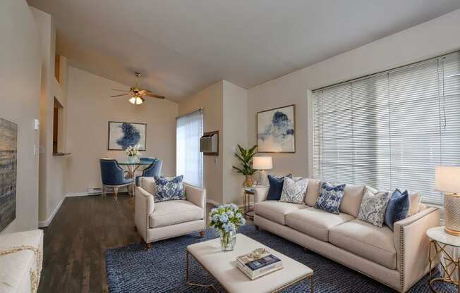 a living room with two couches and a coffee table