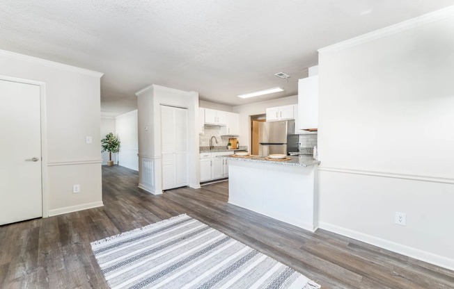 a renovated living room and kitchen with a rug