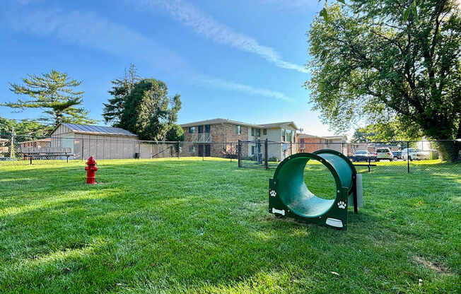 A playground with a green slide and a red fire hydrant in a grassy area.