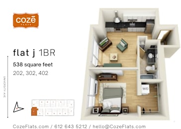 1 bed, 1 bath, 537 sqft, $1,675