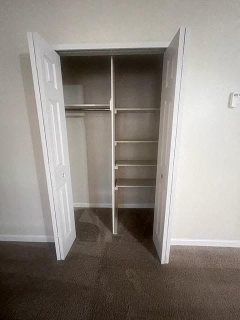 a closet with shelves and a open door