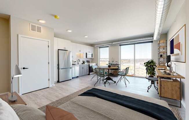 a bedroom with a large bed in front of a window