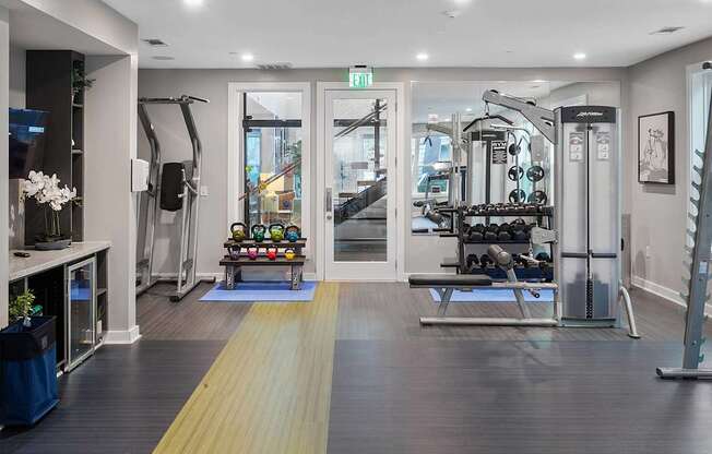 a gym with weights and cardio equipment in a home