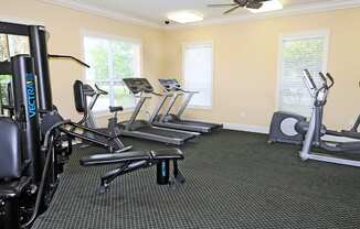 A gym with treadmills, elliptical machines, and a fan.