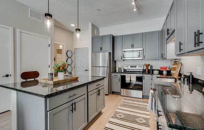 a kitchen with stainless steel appliances and gray cabinets