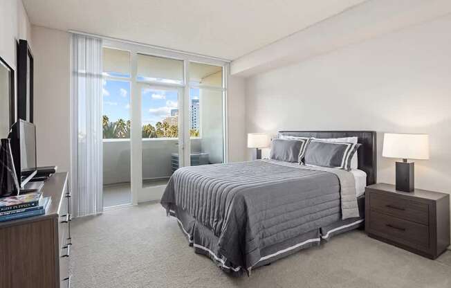 Bedroom With TV at Towers at Costa Verde Apartments, California