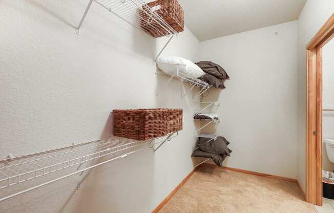 the spacious walk in closet in the master bedroom has a wire closet organizer