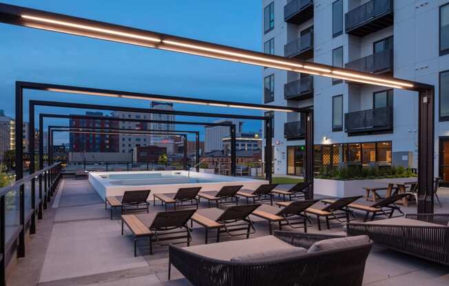 spa pool deck at dusk with a view at Maven on Broadway, Rochester, MN