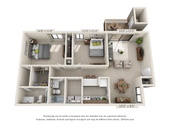 2 beds, 2 baths, 1,062 sqft, $1,287