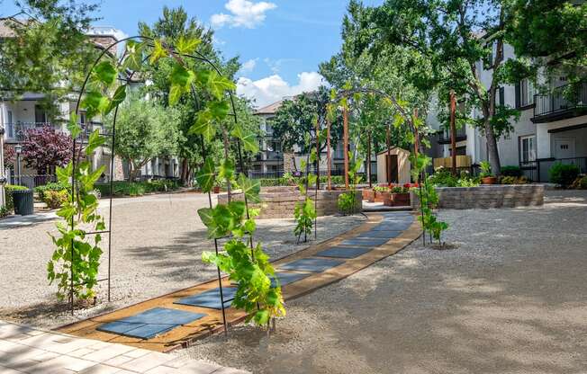 a courtyard with trees and plants and buildings in the background