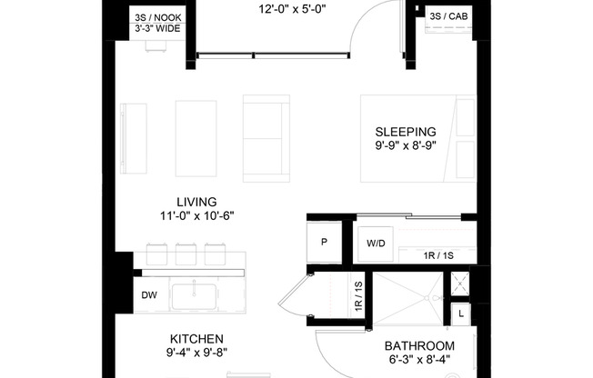 Studio, 1 bath, 486 sqft, $1,435, Unit 105