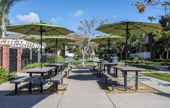 a row of picnic tables with umbrellas in a park