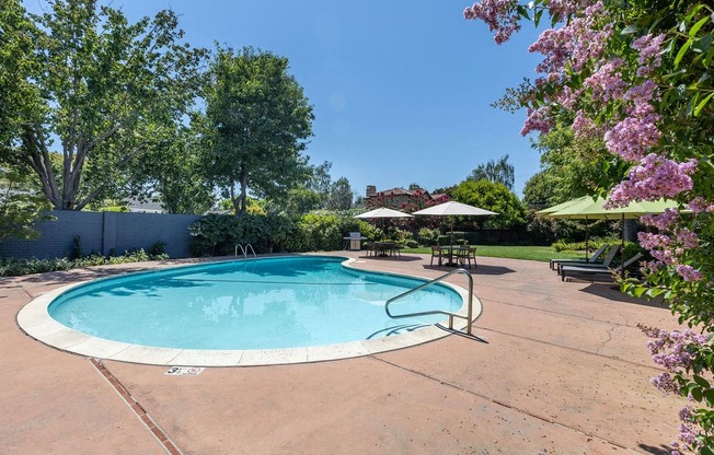 a swimming pool with trees and umbrellas around it