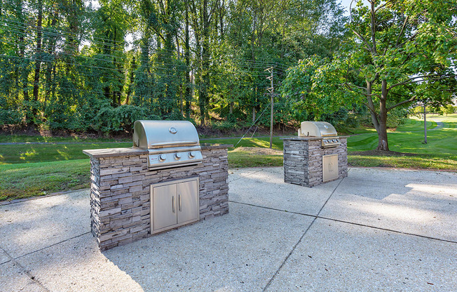 two barbecue pits in a park with trees at Copper and Quarry Village, Pikesville