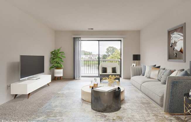 a living room with a gray couch and a white coffee table in front of a sliding glass