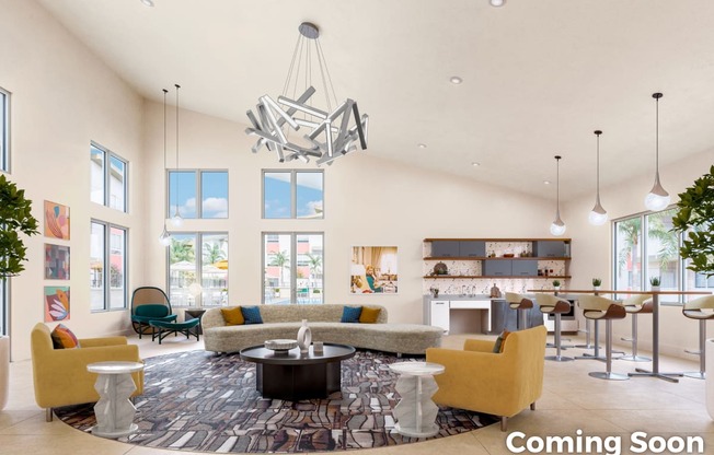 An atist rendering of the new Leasing Office with yellow couches and chairs and a large chandelier