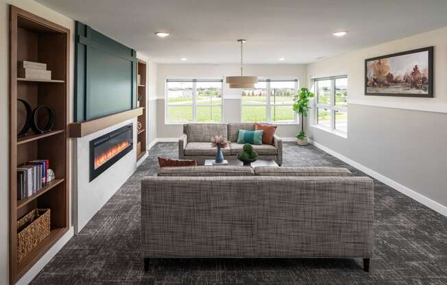 a living room with a couch and a fireplace