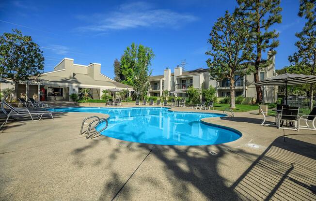 a pool next to a building