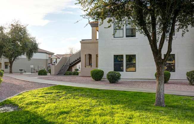 A white building with a tree in front of it.