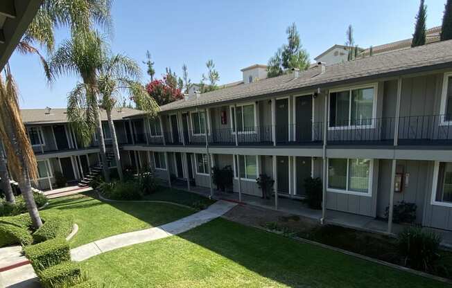 a view of the courtyard of a condo building with a lawn and palm trees