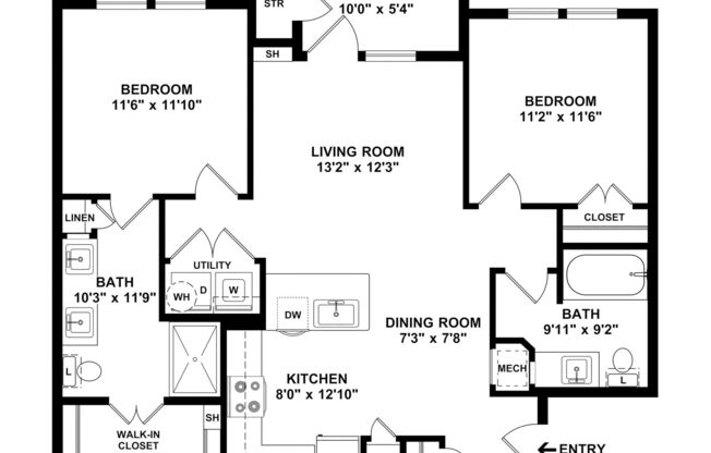 2 beds, 2 baths, 964 sqft, $1,234