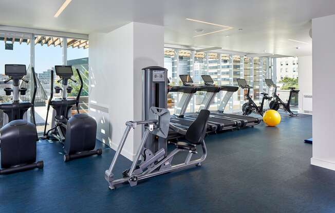 A gym with a row of treadmills and exercise bikes.