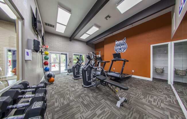 a gym with weights and cardio equipment at the enclave at university crossings apartments