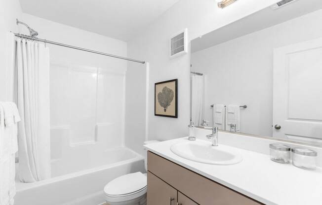 a bathroom with a sink and a shower and a toilet