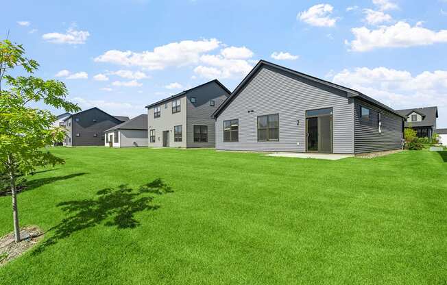 a group of houses in a grassy yard