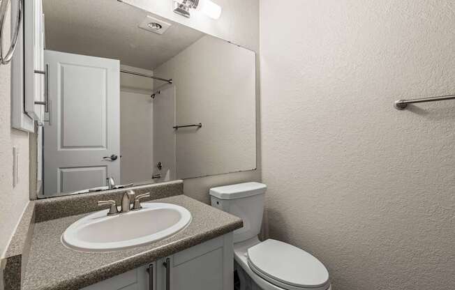 A bathroom with a toilet, sink, and mirror.