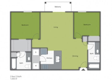 2 beds, 2 baths, 1,000 sqft, $1,290