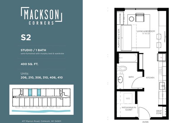 Studio, 1 bath, 400 sqft, $1,075, Unit 310