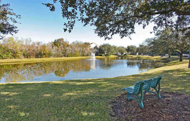 Scenic setting with lake and fountains