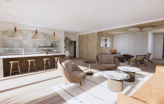 Take in postcard-worthy sunsets from the sky lounge at Modera Beach, featuring inviting seating and stylish bar.