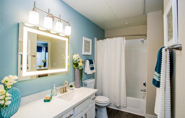 a bathroom with a sink toilet and shower