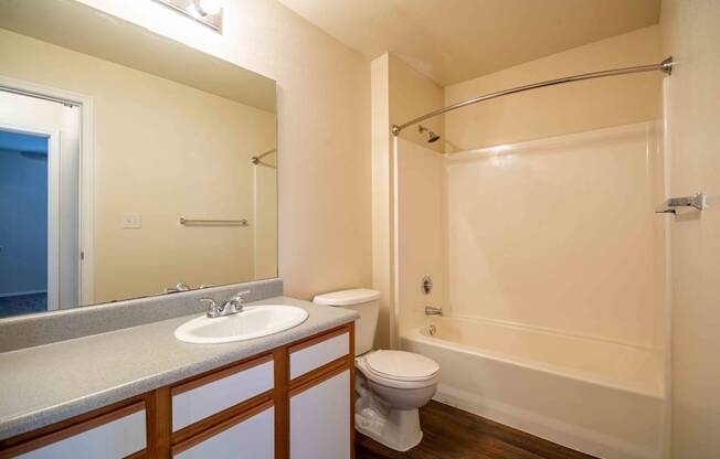 A bathroom with a single sink, big mirror, top light, cabinets, toilet and bathtub