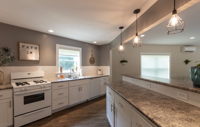 This is a photo of the kitchen in the resident clubhouse at Lake of the Woods Apartments in Cincinnati, OH.