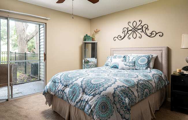 a bedroom with a bed and a sliding glass door