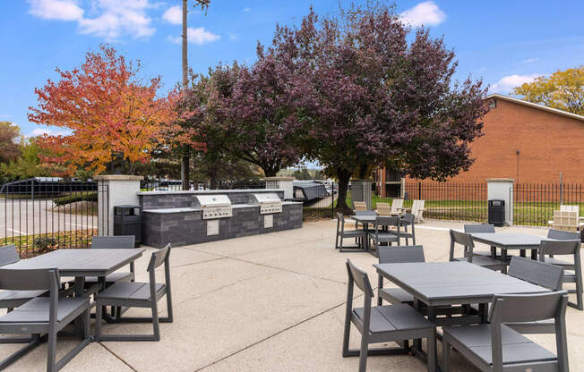 A park with tables and chairs surrounded by trees.