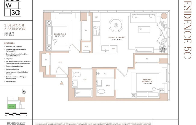 2 beds, 2 baths, 841 sqft, $7,100, Unit 5C