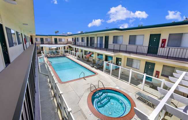 a view of the pool at the crossings apartments at Olive Tree Apartments, Torrance, CA 