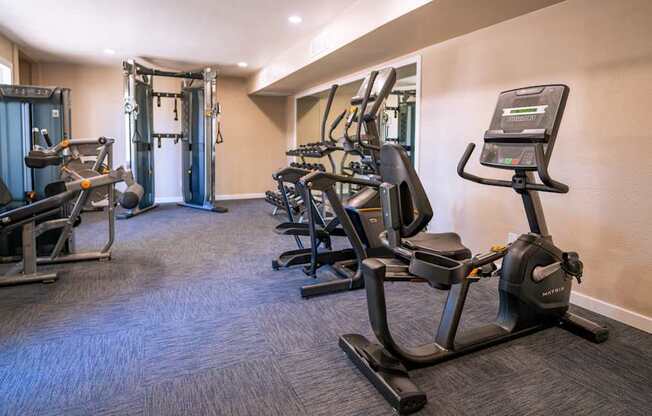 A gym with a variety of equipment including a treadmill, a stationary bike, and a rowing machine.