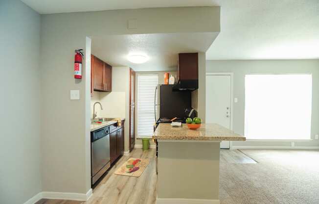 View of the kitchen and wide countertops